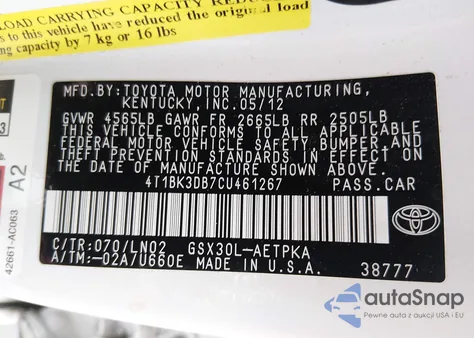 2012 Toyota Avalon Limited z USA, uszkodzony, nr VIN 4T1BK3DB7CU461267